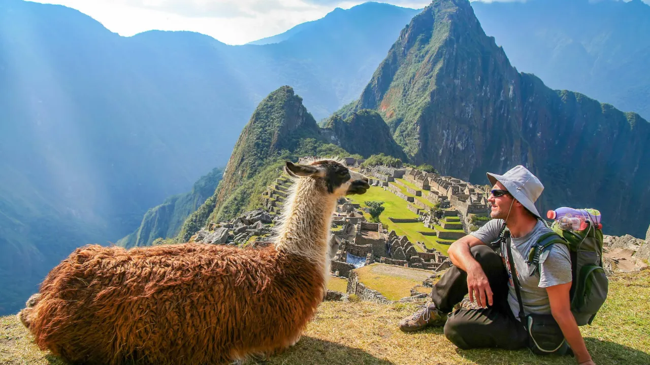 Turist og lama nyter utsikten Turist og lama nyter utsikten